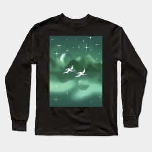 Two Japanese cranes flying over a green lake Long Sleeve T-Shirt